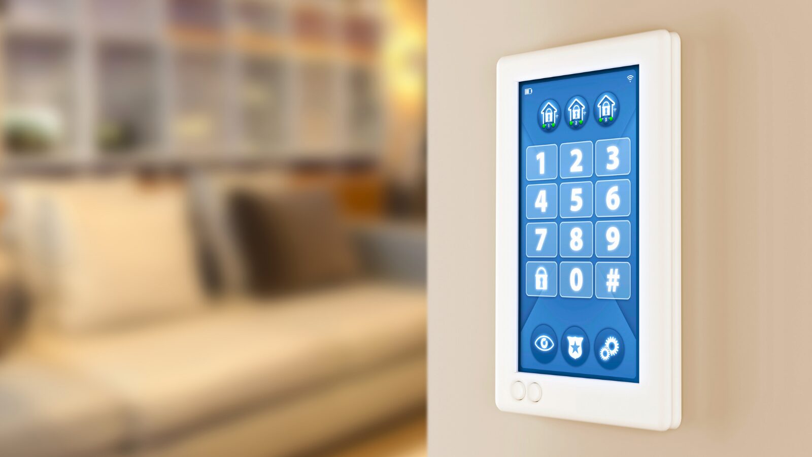Wall-mounted alarm keypad in a living room